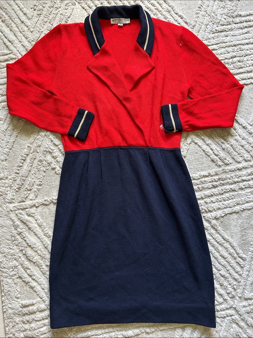 St. John Red and Navy Knit Midi Dress with Contrast Trim